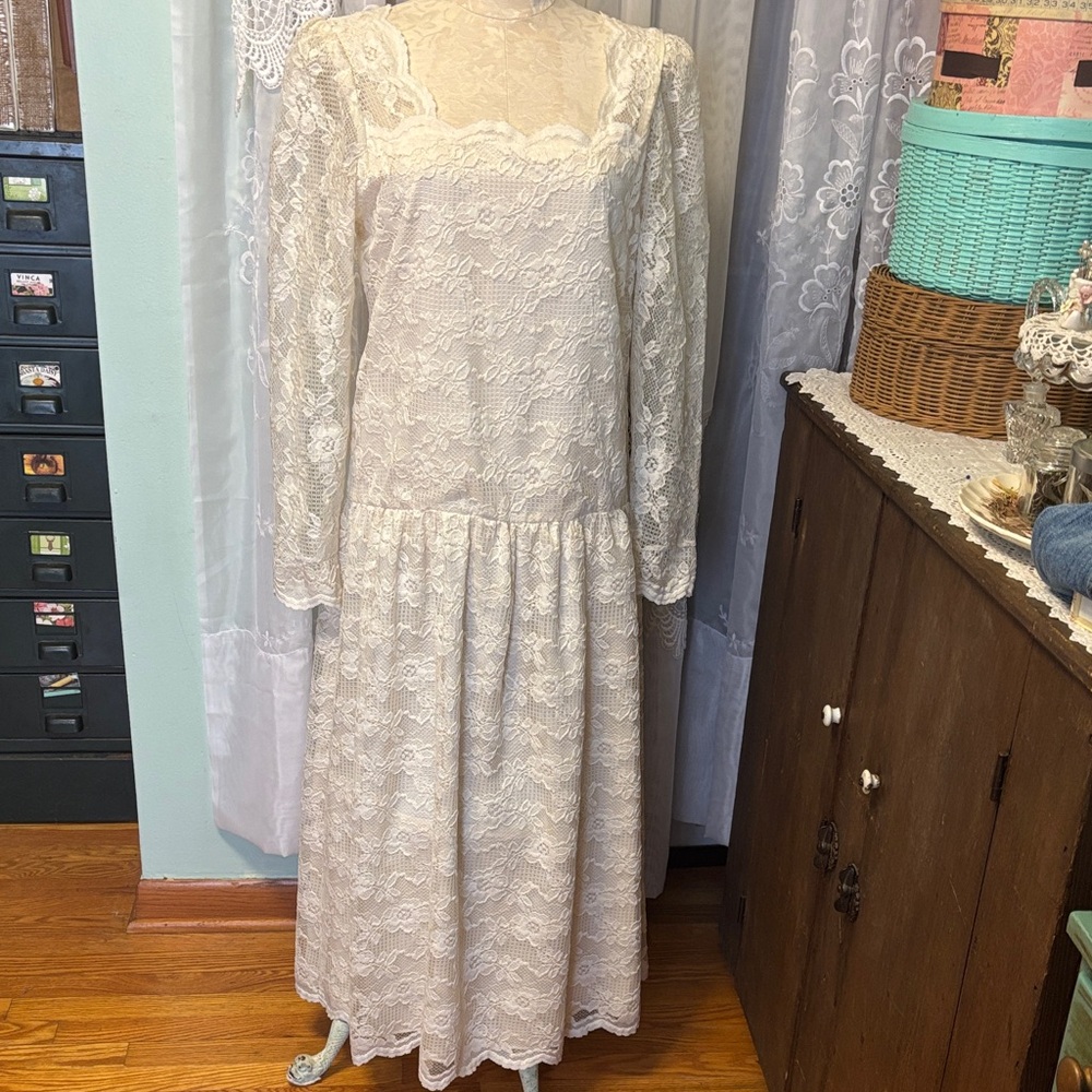 Vintage 80’s Lanz Original Cream Drop Waist Tea Length Dress Sz 14
